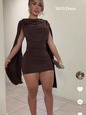 Women’s Brown Cape Mini Dress — Elegant Evening Look